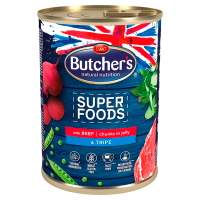 Butcher's Super Foods Karma dla dorosłych psów kawałki w galaretce z wołowiną i flaczkami (400 g)