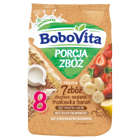 BoboVita Porcja Zbóż Kaszka mleczna 7 zbóż zbożowo-owsiana truskawka-banan po 8 miesiącu